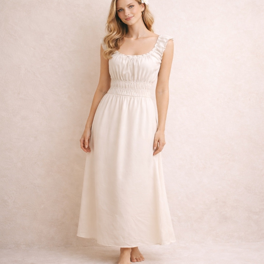 The Kooples Denby Crepe Maxi Dress Ecru Off-White Smocked Waist Ruffle New $405